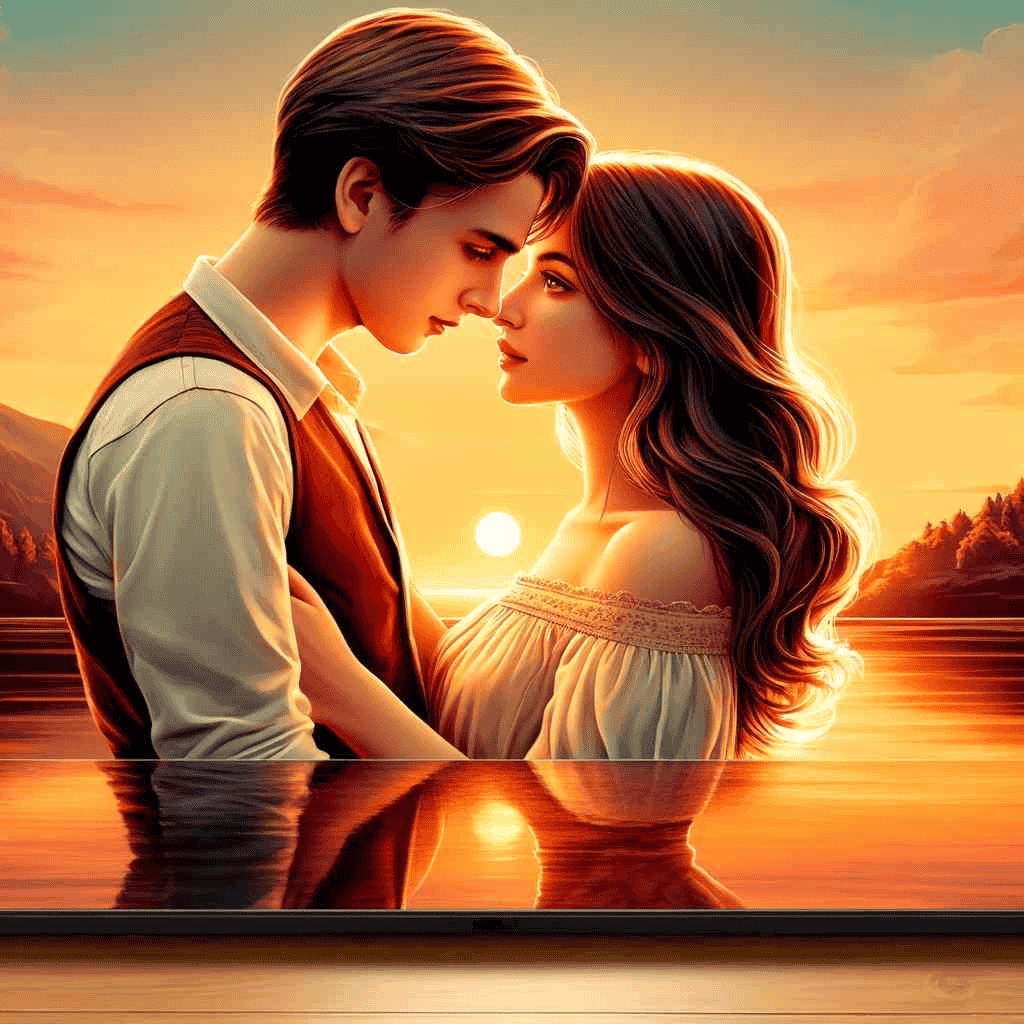Ein romantisches Bild eines Paares, das sich liebevoll in den Armen hält und sich tief in die Augen schaut. Im Hintergrund ein Sonnenuntergang über einem ruhigen See. Die Farben sind warm und einladend, was die Stimmung von Liebe und Zuneigung perfekt einfängt.