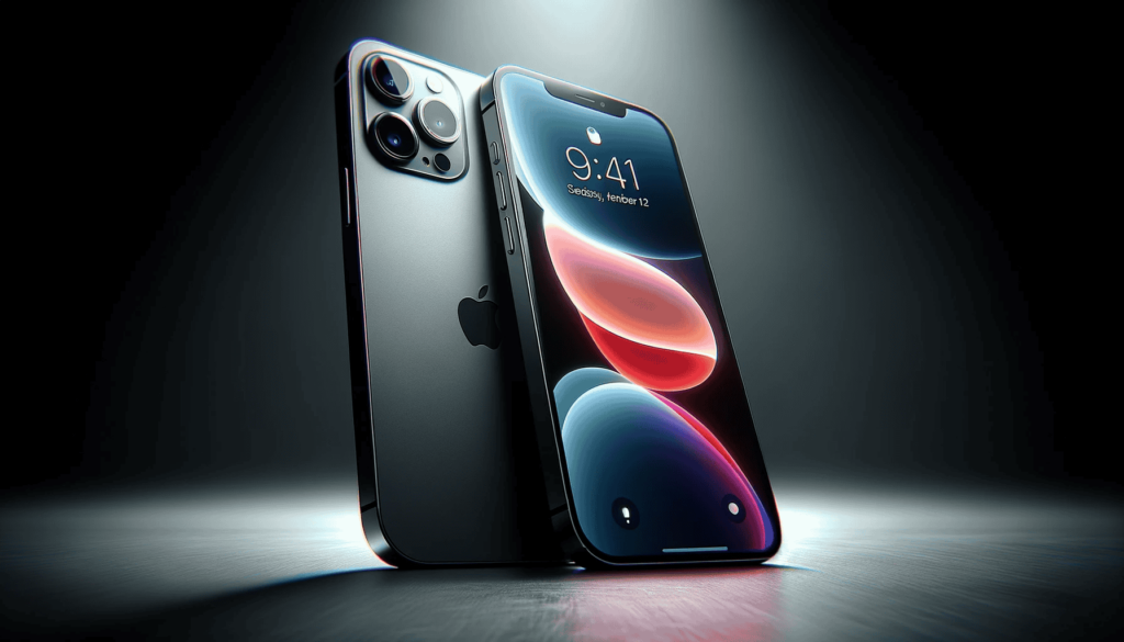 Modernes digitales Kunstwerk des iPhone 14 Pro Max, das schräg positioniert ist, um seine Merkmale zu betonen. Das Telefon zeigt deutlich sein Dreifach-Kamerasystem auf der Rückseite und ist in einem subtilen Graphitton gehalten. Der Bildschirm zeigt ein lebendiges, farbenfrohes Hintergrundbild, eingebettet in eine minimalistische und raffinierte Umgebung.