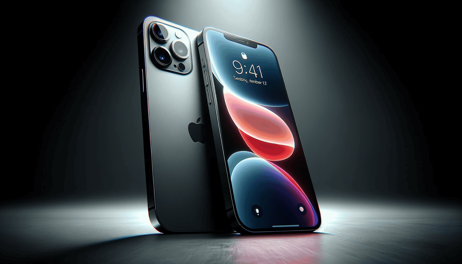 Modernes digitales Kunstwerk des iPhone 14 Pro Max, das schräg positioniert ist, um seine Merkmale zu betonen. Das Telefon zeigt deutlich sein Dreifach-Kamerasystem auf der Rückseite und ist in einem subtilen Graphitton gehalten. Der Bildschirm zeigt ein lebendiges, farbenfrohes Hintergrundbild, eingebettet in eine minimalistische und raffinierte Umgebung.