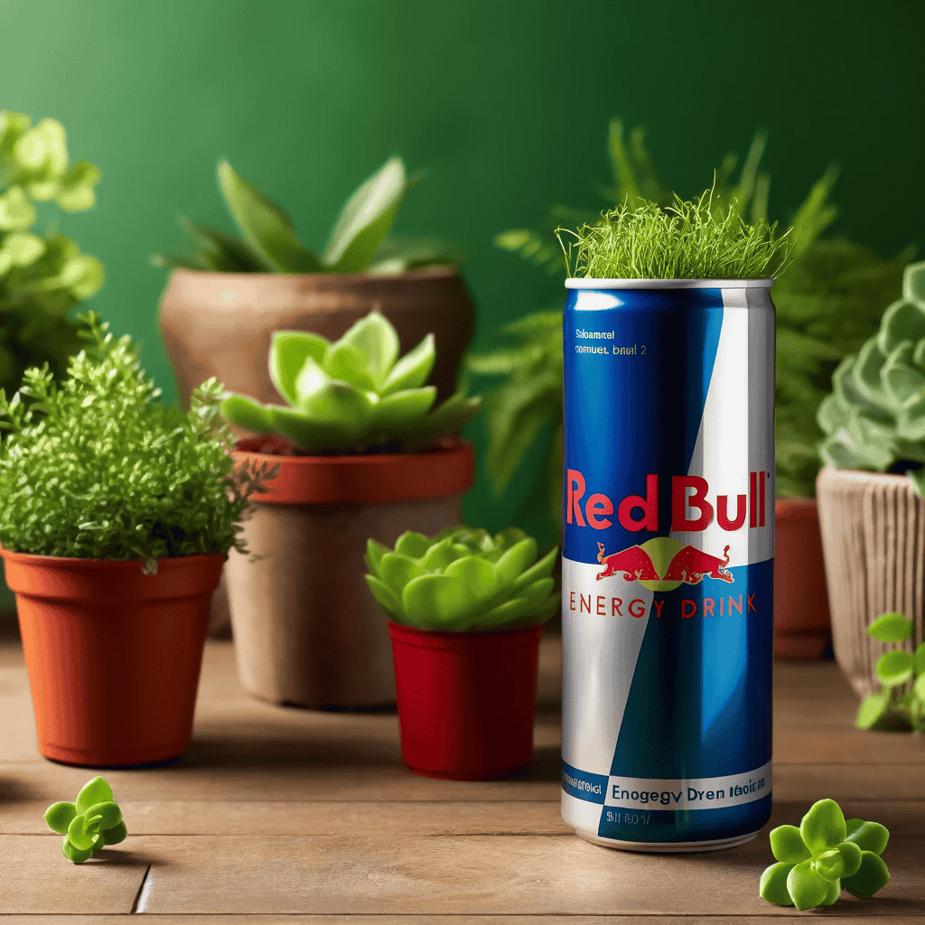 Red Bull Dose auf einem Tisch mit grünem Hintergrund und frischen Pflanzen, symbolisiert eine vegan-freundliche Umgebung.