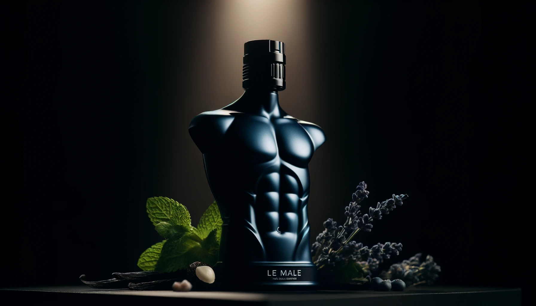 Ein atmosphärisches Bild der Jean Paul Gaultier Le Male Parfumflasche, bekannt für ihre markante Form eines männlichen Torsos in Marineblau. Der dunkle, elegante Hintergrund mit subtilen Highlights betont das einzigartige Flaschendesign, ergänzt durch Elemente wie Minzblätter, Vanilleschoten und Lavendel, die die Duftnoten des Parfums reflektieren.