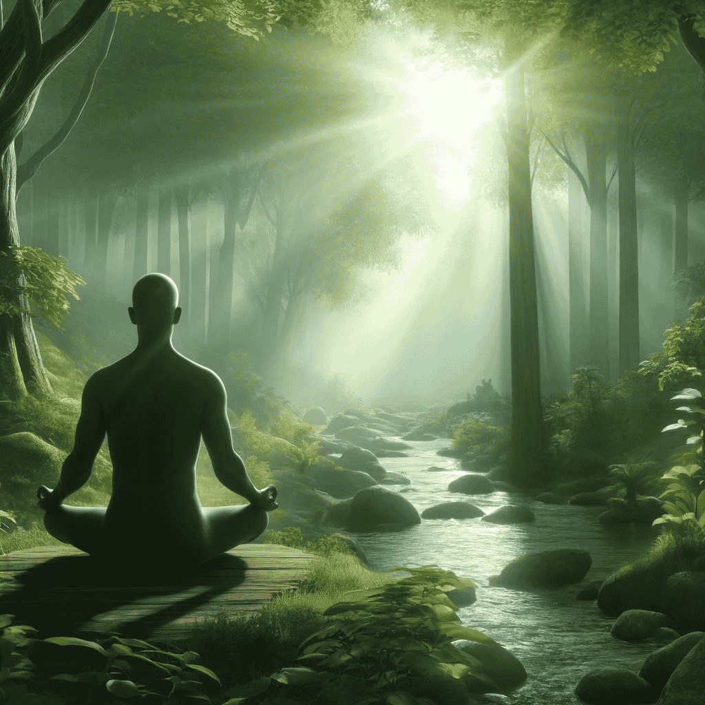 Eine ruhige Meditationsszene mit einer Person, die im Schneidersitz in einem friedlichen Wald sitzt. Sonnenlicht filtert durch die Bäume, die Atmosphäre ist ruhig und friedlich, mit einem sanften Bach im Hintergrund. Die Szene vermittelt eine Balance zwischen innerem Frieden und unterschwelligen Herausforderungen.