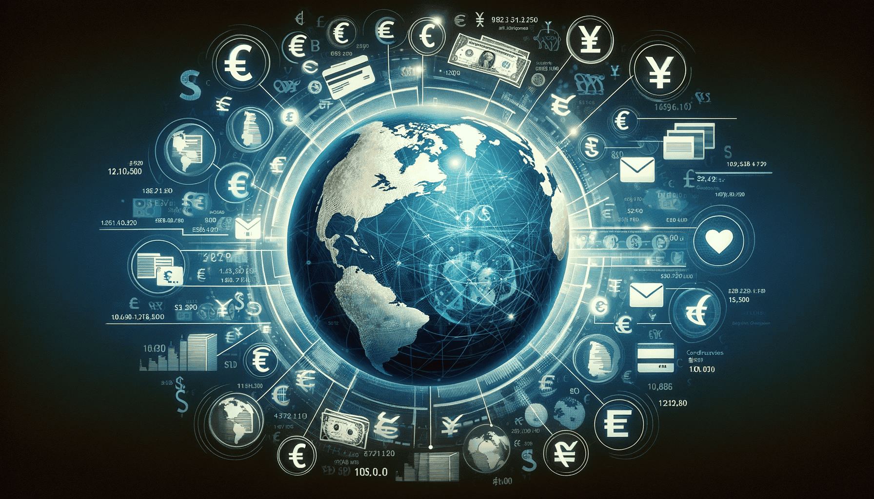 Symbolische Darstellung eines globalen Finanznetzwerks mit einer Weltkugel im Zentrum, umgeben von verschiedenen Währungssymbolen wie Dollar, Euro und Yen sowie kleineren Ikonen für Finanzdokumente und Kreditkarten. Das Bild visualisiert die globale finanzielle Vernetzung und die Möglichkeit, Kredithistorie über Ländergrenzen hinweg zu nutzen.