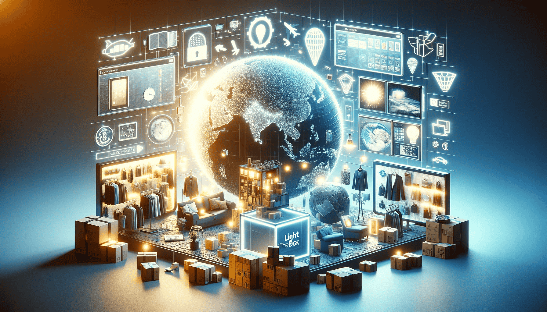 Ein Bild, das die globale und vielfältige Natur von LightInTheBox visualisiert, zeigt eine moderne Online-Shopping-Umgebung mit digitalen Displays verschiedener Produkte wie Modeartikel, Elektronik und Haushaltswaren. Elemente wie ein Globus und internationale Versandsymbole unterstreichen die weltweite Reichweite und den technologisch fortgeschrittenen Charakter des Unternehmens.