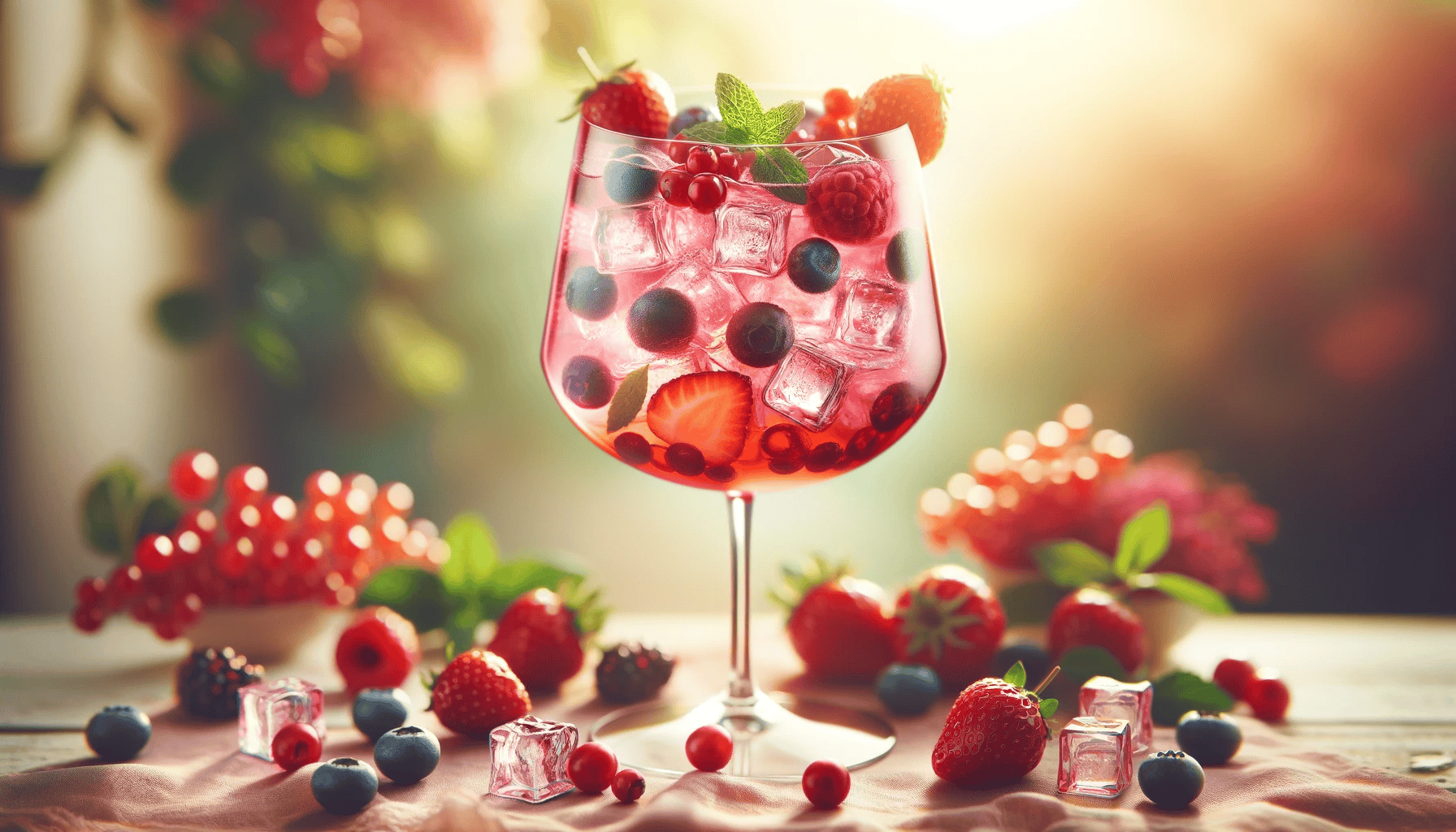 Ein elegantes Bild eines Lillet Wild Berry Cocktails in einem großen Weinglas, umgeben von frischen Beeren wie Erdbeeren, Himbeeren und Blaubeeren, mit einem Minzzweig am Glasrand. Der Hintergrund ist weich und verschwommen, was eine warme, sonnige Außenumgebung suggeriert.