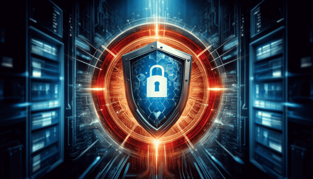 Symbolische Darstellung von McAfee Anti-Virus als Cybersicherheitslösung mit einem digitalen Schild, das einen Computer umgibt, um ihn vor Viren und Malware zu schützen, dargestellt in einem technisch-modernen Umfeld.