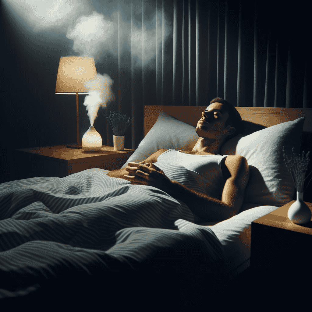 Eine Person liegt im Bett und meditiert, in einem dunklen Raum mit sanfter Beleuchtung von einer Nachttischlampe. Die Person wirkt entspannt mit geschlossenen Augen und einem friedlichen Gesichtsausdruck. Um das Bett herum sind beruhigende Elemente wie Lavendel und ein Diffuser, der ätherische Öle vernebelt, sichtbar. Die Atmosphäre des Bildes vermittelt Entspannung und Ruhe.