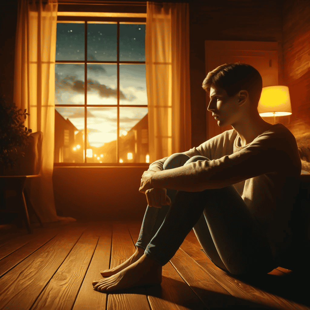 Eine Person sitzt nachdenklich in einem gemütlichen Raum mit warmer Beleuchtung. Durch das Fenster ist ein Abendhimmel zu sehen. Die Person wirkt in sich gekehrt und möglicherweise besorgt, was die Thematik des Nicht-Reden-Wollens unterstreicht.