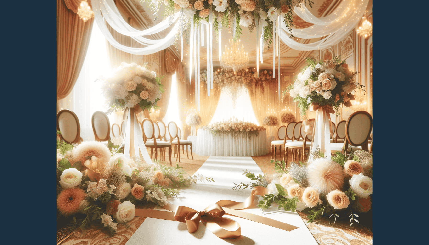 Bild einer Hochzeitsfeier mit einem wunderschön dekorierten Veranstaltungsort, ausgestattet mit floralen Arrangements und Bändern. Die Szene vermittelt die Essenz einer festlichen und fröhlichen Hochzeitsatmosphäre, betont durch die Dekorationen und die warme, feierliche Stimmung.