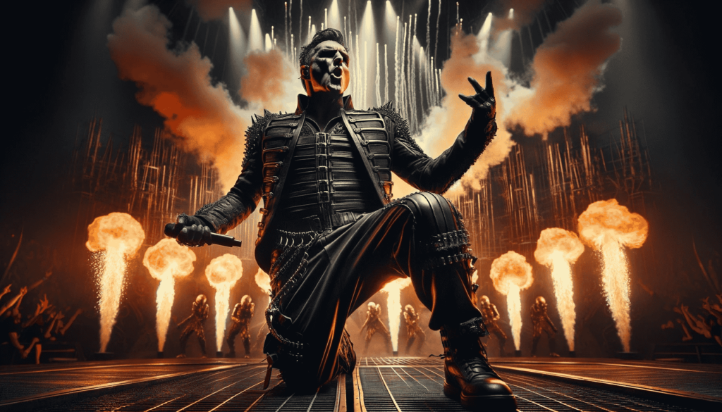 Ein charismatischer männlicher Sänger führt auf einer Bühne auf, inspiriert von Till Lindemann von Rammstein. Er trägt ein schwarzes Lederoutfit mit Metallakzenten und steht vor einem dunklen, industriellen Hintergrund mit aufwendigen Pyrotechniken. Die Szene vermittelt die intensive Energie eines Rockkonzerts.