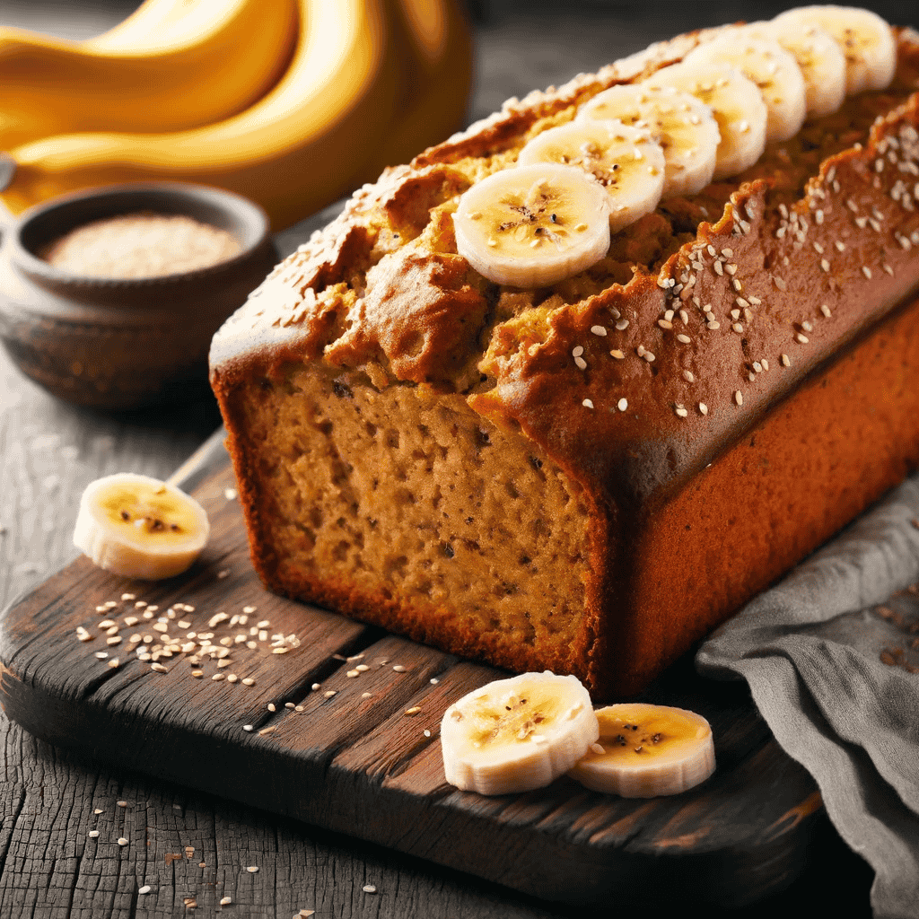Saftiges veganes Bananenbrot, frisch aus dem Ofen, auf einem rustikalen Holzbrett, dekoriert mit Bananenscheiben und Sesam.