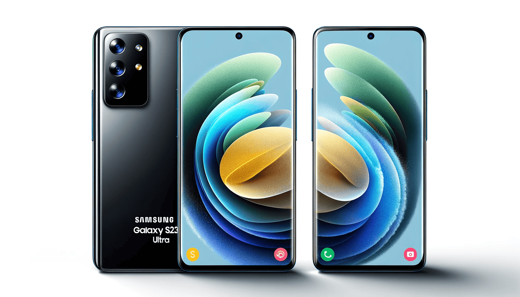 Präzise Darstellung des Samsung Galaxy S23 Ultra, die sowohl die Vorderseite mit dem lebendigen und detaillierten Bildschirm als auch die Rückseite mit der einzigartigen Kameraanordnung, einschließlich der 200MP Hauptkamera, zeigt. Das Design ist elegant und platziert das Telefon in einer anspruchsvollen, technologieorientierten Umgebung, die seine Premium- und modernen Merkmale hervorhebt.