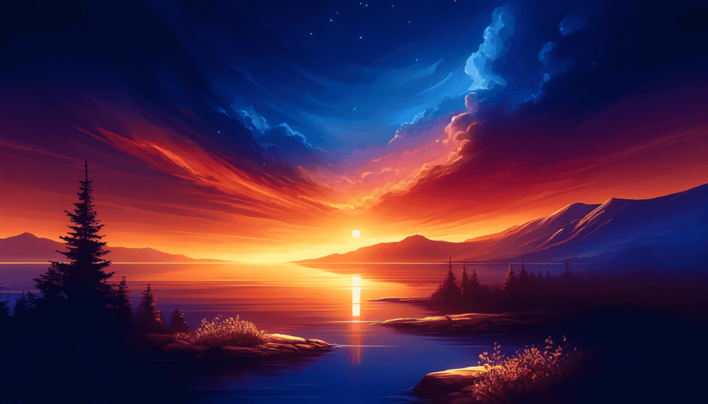 Das Bild zeigt eine friedvolle Abendlandschaft mit einem leuchtenden Sonnenuntergang, der das Meer und eine ferne Bergkette in warme Orangetöne und sanfte Blautöne taucht, was eine Atmosphäre der Ruhe und Entspannung schafft.