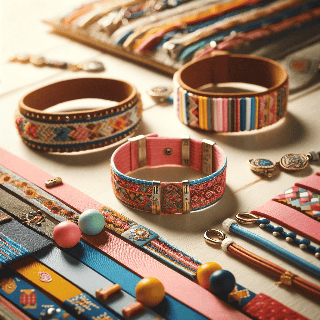 Eine farbenfrohe Auswahl an verschiedenen Freundschaftsbändern, darunter Stoffbänder mit lebhaften Mustern und Farben, geflochtene Designs, Perlen, strapazierfähige Silikonbänder mit verspielten Motiven und elegante Lederbänder mit subtilen dekorativen Elementen, alle stilvoll gegen einen einfachen Hintergrund arrangiert.