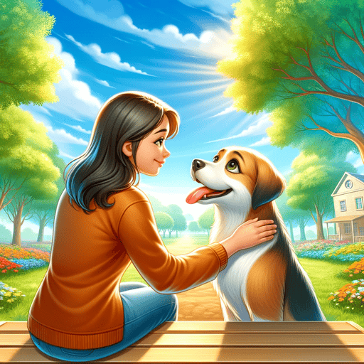 Eine herzerwärmende Szene zeigt die Bindung zwischen einem Menschen und einem Hund. Der Mensch sitzt auf einer Bank und streichelt den Hund, der liebevoll hinaufschaut. Im Hintergrund ist ein schöner Park mit Bäumen und Blumen unter einem klaren blauen Himmel zu sehen. Das Bild ist hell und fröhlich und fängt die Essenz von Kameradschaft und gegenseitiger Zuneigung zwischen Mensch und Hund ein.