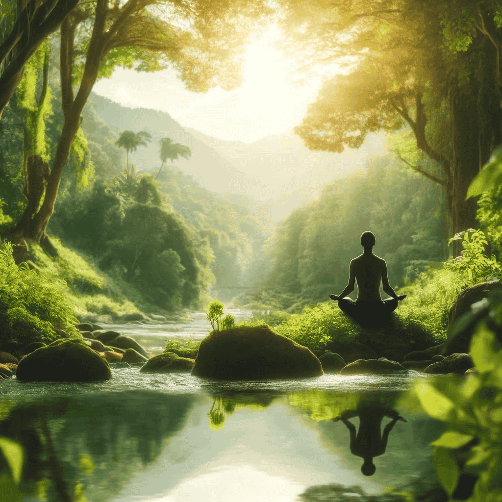 Person meditiert in ruhiger Natur, umgeben von Grün und einem ruhigen Fluss, Symbol für Transzendentale Meditation und inneren Frieden.