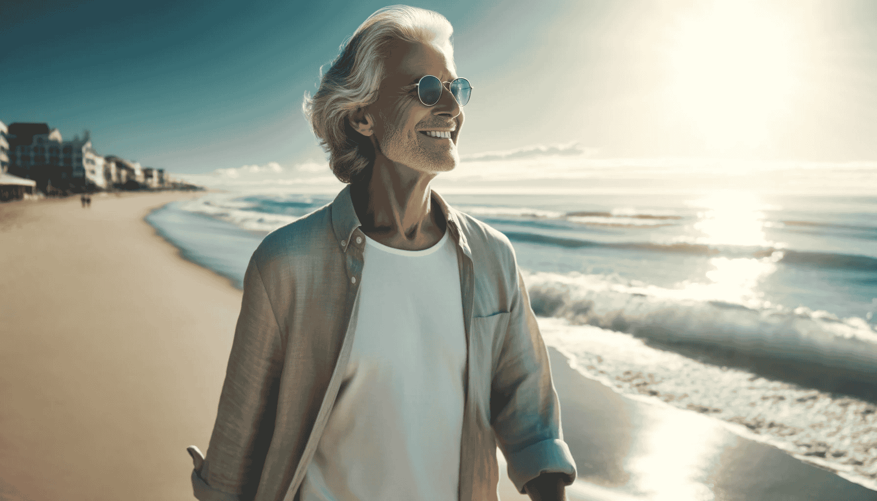 Ein lächelnder älterer Mensch mit grauem Haar, gekleidet in Sommerkleidung, spaziert entspannt an einem sonnigen Strand. Im Hintergrund sind sanfte Wellen und ein klarer blauer Himmel zu sehen. Das Bild strahlt Ruhe und Zufriedenheit aus und symbolisiert das erfüllende Ziel eines frühen Ruhestands.