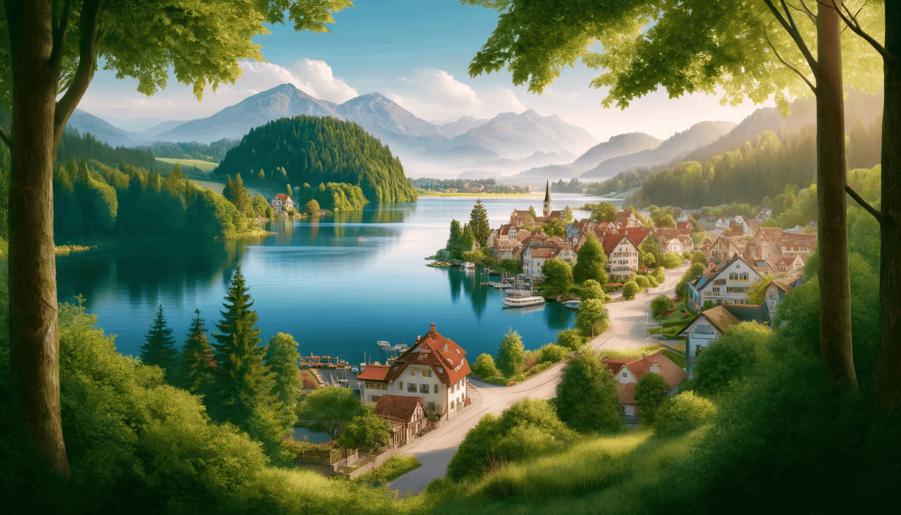 Bild einer ruhigen, europäischen Landschaft mit einem kleinen, malerischen Städtchen an einem See, umgeben von üppigem Grün und entfernten Bergen. Die Szene strahlt Ruhe und Erholung aus, ideal für eine Genesungsreise.