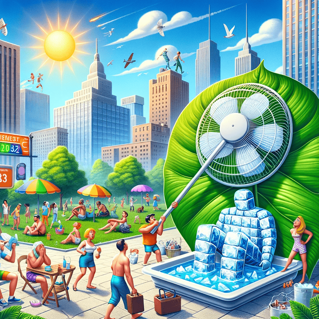 Eine lebhafte und humorvolle Darstellung von Menschen in einem Stadtpark, die kreativ mit extremer Sommerhitze umgehen. Eine Person fächert sich mit einem riesigen Blatt Luft zu, eine andere entspannt in einem Planschbecken voller Eis, und eine dritte trägt einen Anzug komplett aus Kühlpacks, alles unter einer strahlenden Sonne und klarem blauen Himmel.