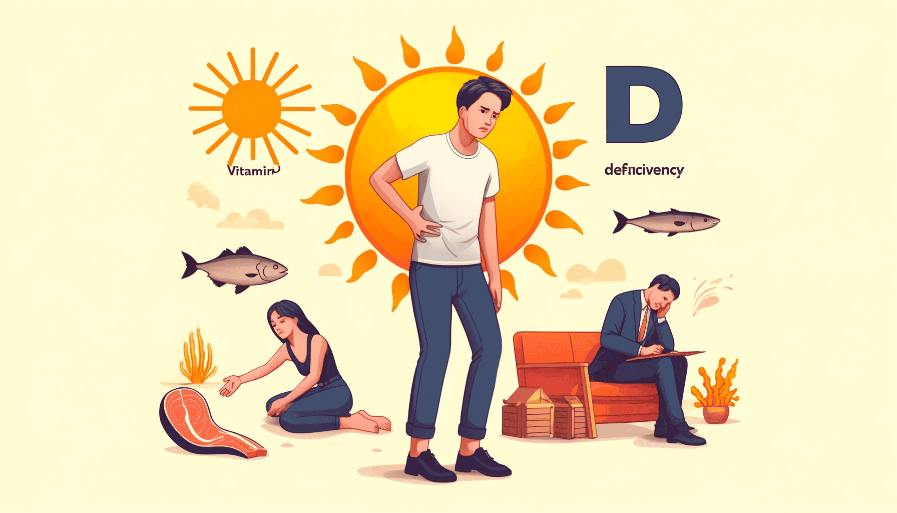 Ein informatives Bild, das die Symptome eines Vitamin D Mangels darstellt. Personen mit Anzeichen von Müdigkeit, Knochenschmerzen, Muskelkrämpfen und Depressionen sind zu sehen. Im Hintergrund sind Quellen von Vitamin D wie die Sonne und fetthaltige Fische abgebildet, was die Wichtigkeit von Vitamin D für die Gesundheit betont.