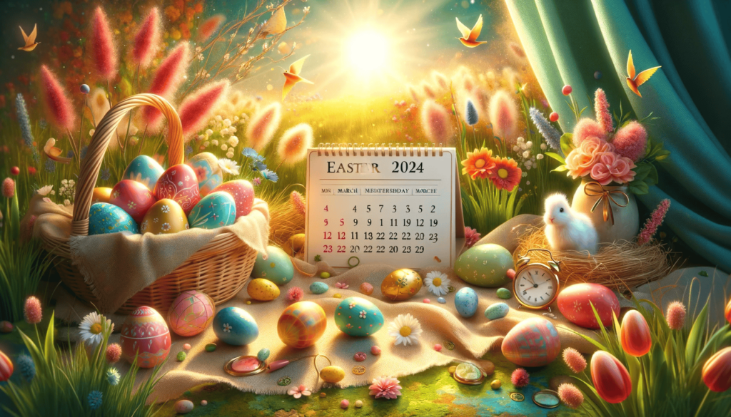 Lebendiges und farbenfrohes Bild für Ostern 2024, das eine frühlingshafte Szene mit Ostersymbolen wie bemalten Eiern, einem Korb und Blumen zeigt. Ein Kalender im Bild zeigt klar das Datum 31. März 2024, was den spezifischen Tag von Ostern betont und die freudige und festliche Stimmung des Feiertags widerspiegelt.