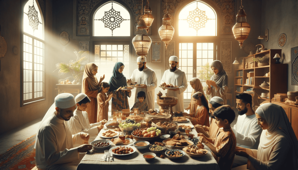Ein kulturell reiches und visuell ansprechendes Bild, das den Ramadan 2024 darstellt. Es zeigt diverse muslimische Familien bei der Vorbereitung auf das Iftar, die Mahlzeit nach Sonnenuntergang während des Ramadan. Zu sehen ist ein schön gedeckter Tisch mit traditionellen Speisen, Menschen in kultureller Kleidung und eine warme, einladende häusliche Umgebung, die den Geist von Gemeinschaft, Teilen und Hingabe vermittelt.