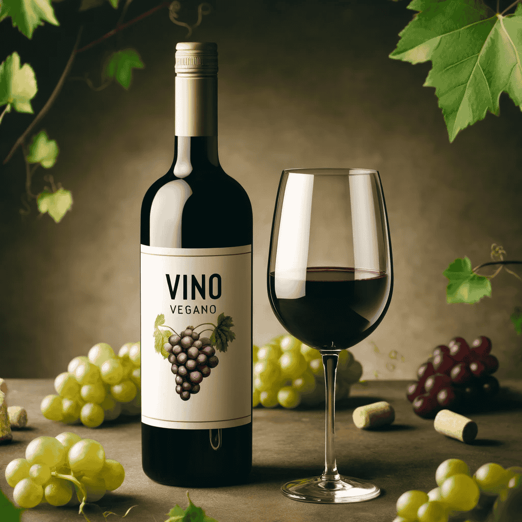 Weinflasche mit der Aufschrift "Vino Vegano" auf einem Tisch mit einem Glas Wein, umgeben von Weintrauben und Reben, in einer eleganten und raffinierten Szene.
