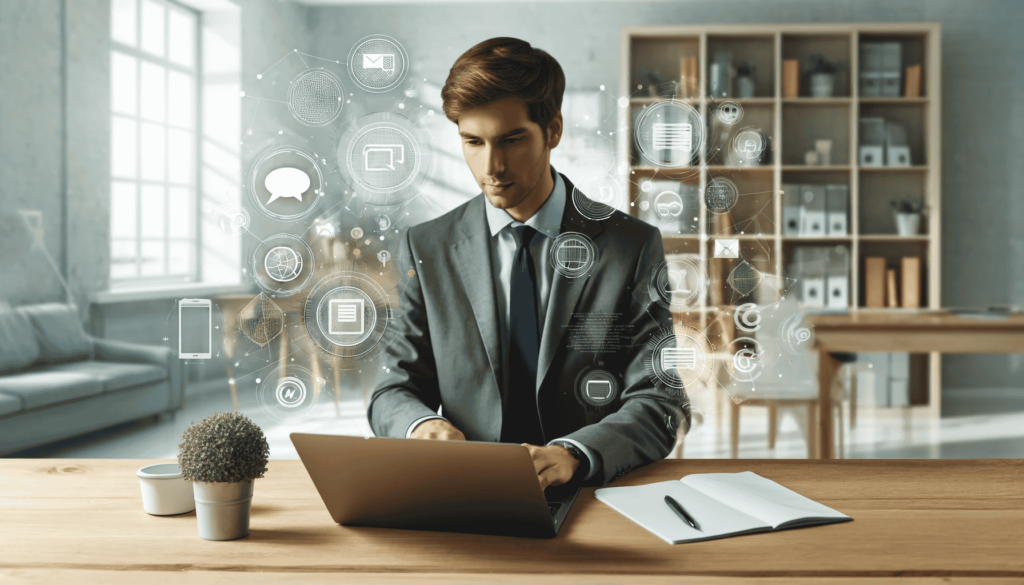 Professionelle Person an einem modernen Arbeitsplatz mit Laptop, umgeben von Symbolen digitaler Kommunikation wie Sprechblasen und sozialen Medien Icons, fokussiert auf einen Bildschirm mit Texten und Diagrammen in einem hellen Büro.