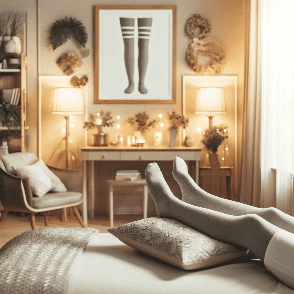Eine Person mit geschwollenen Beinen, die Kompressionsstrümpfe trägt, ruht auf einem Bett mit hochgelagerten Beinen auf einem Kissen. Die Umgebung ist ruhig, mit sanftem, natürlichem Licht, das den Raum erhellt und den medizinischen Zustand sowie die Notwendigkeit einer sorgfältigen Überwachung solcher Symptome hervorhebt.