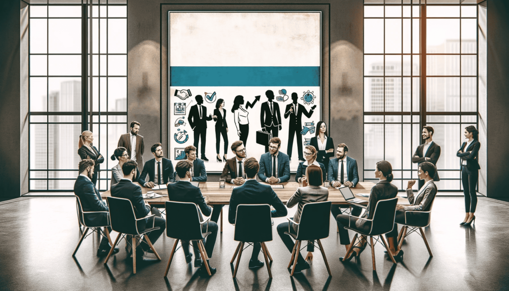 Engagiertes Bild einer vielfältigen Gruppe von Menschen in einer Geschäftssitzung, die positive Verhaltensweisen wie aktives Zuhören, respektvolle Kommunikation und teamorientierte Zusammenarbeit zeigen. Der Raum ist modern und gut beleuchtet. Im Hintergrund ist deutlich ein Poster mit dem Text 'How to Do It Right' zu sehen, das das Thema des richtigen Verhaltens in einem Unternehmensumfeld betont.