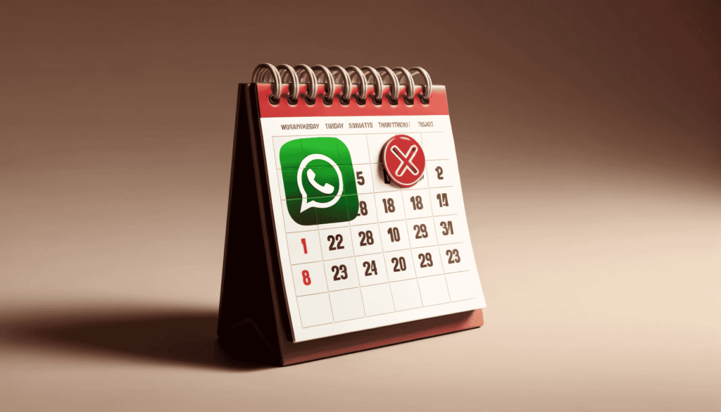 Digitale Illustration eines Kalenders, der den Monat Oktober zeigt. Das WhatsApp-Logo ist auf einem der Tage mit einem roten Kreuz markiert, was das Ende der App-Nutzbarkeit in diesem Monat symbolisiert. Der Kalender ist realistisch dargestellt vor einem einfachen, unauffälligen Hintergrund mit einer Farbgebung aus Grün, Weiß und Rot.