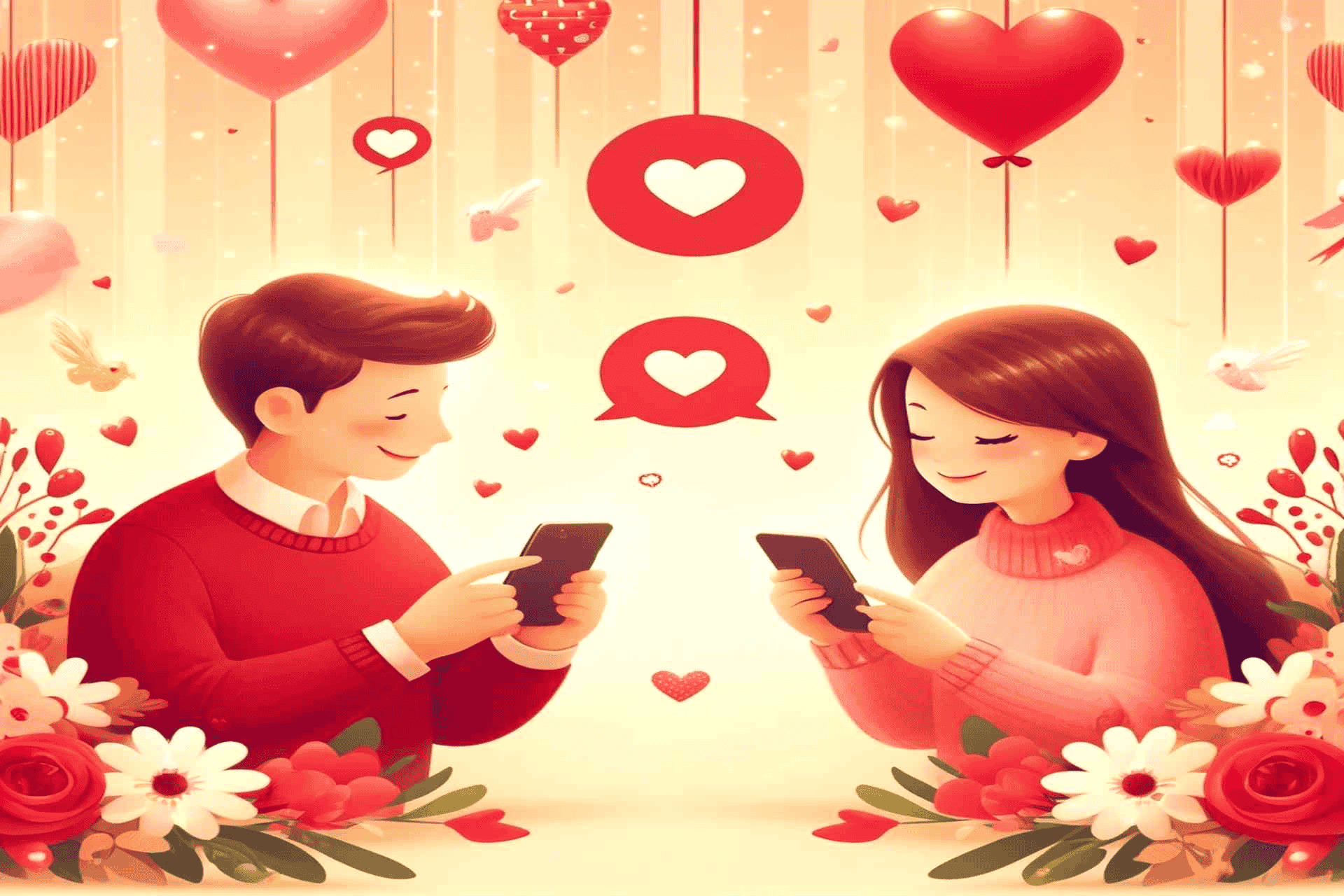 Eine fröhliche und romantische Szene zeigt ein Paar, das am Valentinstag Nachrichten auf ihren Handys austauscht. Im Hintergrund sind Herzen, Blumen und eine warme, liebevolle Atmosphäre zu sehen. Das Bild fängt die Essenz von Liebe und Feierlichkeit perfekt ein.