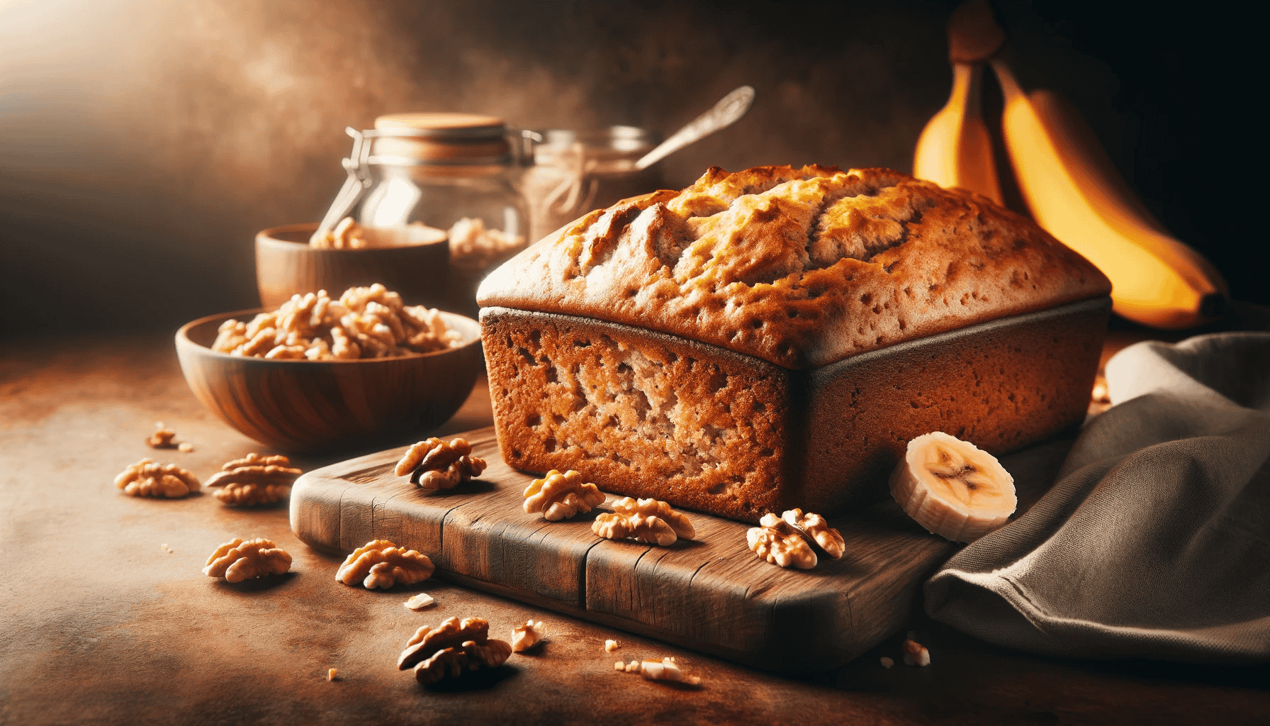 Ein frisch gebackenes Bananenbrot auf einem hölzernen Schneidebrett, umgeben von Walnüssen und Bananenscheiben in einer gemütlichen Küche mit weicher Beleuchtung.
