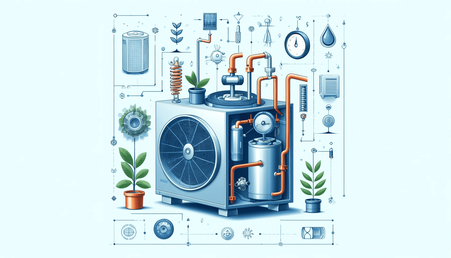 Ein Bild, das die Funktionsweise einer Wärmepumpe zeigt. Es stellt schematisch ein Wärmepumpensystem dar, mit wichtigen Komponenten wie Kompressor, Kondensator, Verdampfer und Expansionsventil. Das Bild ist bildungsfördernd und klar, ideal zur Erklärung des Betriebs von Wärmepumpen im Heiz- und Kühlmodus.