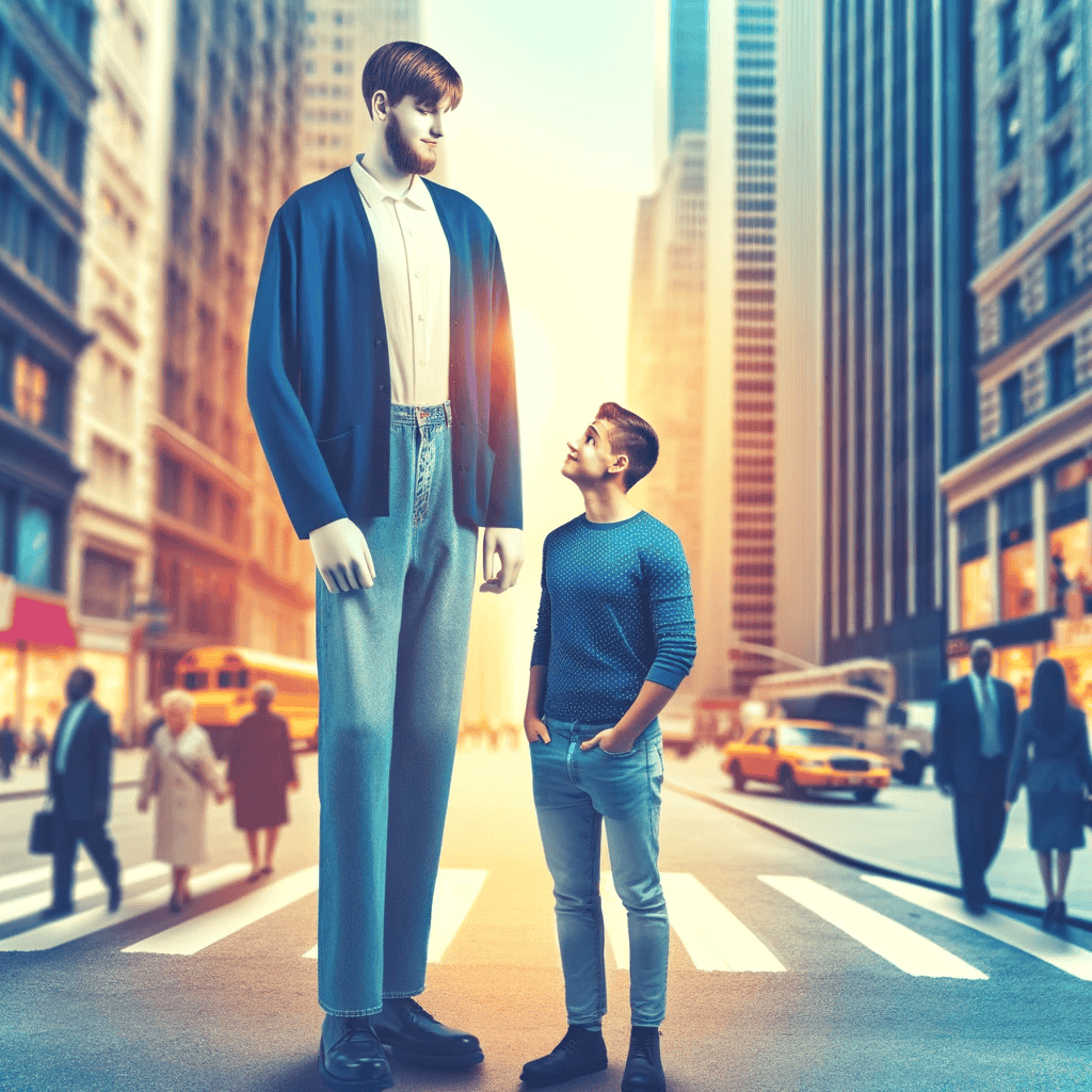 Ein extrem großer Mann steht neben einer normal großen Person auf einer belebten Stadtstraße, wobei der signifikante Größenunterschied deutlich wird. Die Passanten zeigen Neugier und Bewunderung für seine außergewöhnliche Statur.