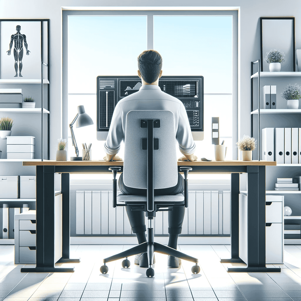 Ein modernes Büro mit ergonomischer Schreibtischeinrichtung. Der Schreibtisch ist auf idealer Höhe, eine Person sitzt bequem mit korrekter Haltung. Im Hintergrund sind Büroelements wie ein Monitor auf Augenhöhe, ein Stuhl mit guter Rückenstütze und ein heller, organisierter Arbeitsplatz zu sehen. Das Bild ist hell und einladend und betont ergonomische Prinzipien.