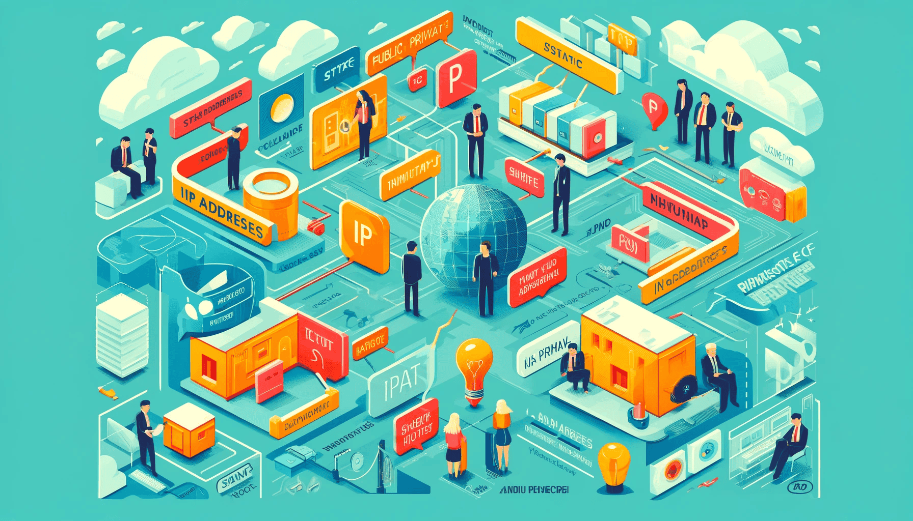 Eine farbenfrohe und klare Infografik, die verschiedene Arten von IP-Adressen und ihre Anwendungen im Netzwerk illustriert. Sie zeigt Segmente zu öffentlichen und privaten IP-Adressen, statischen und dynamischen IP-Konfigurationen und erläutert, wie IP-Adressen in der Netzwerktechnik verwendet werden. Ziel ist es, das Konzept der IP-Adressen einem allgemeinen Publikum verständlich zu machen.