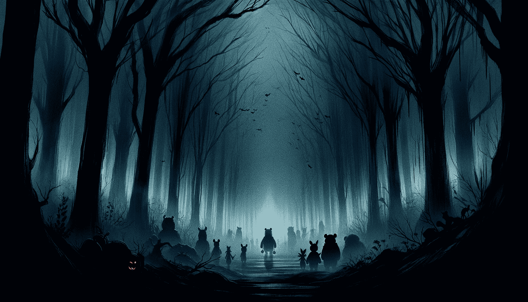 Digitale Illustration eines dunklen und unheimlichen Waldes bei Nacht für den Blogbeitrag über den Horrorfilm ‘Winnie-the-Pooh: Blood and Honey’. Der Wald ist in Nebel gehüllt, mit Schatten und subtilen Andeutungen von Charakteren wie Pooh und Piglet, die im Hintergrund lauern. Die Atmosphäre ist von Spannung und Unheil geprägt, mit einer Farbpalette aus dunklen Blautönen, Schwarz und Rotakzenten, die das Horror-Thema unterstreichen.