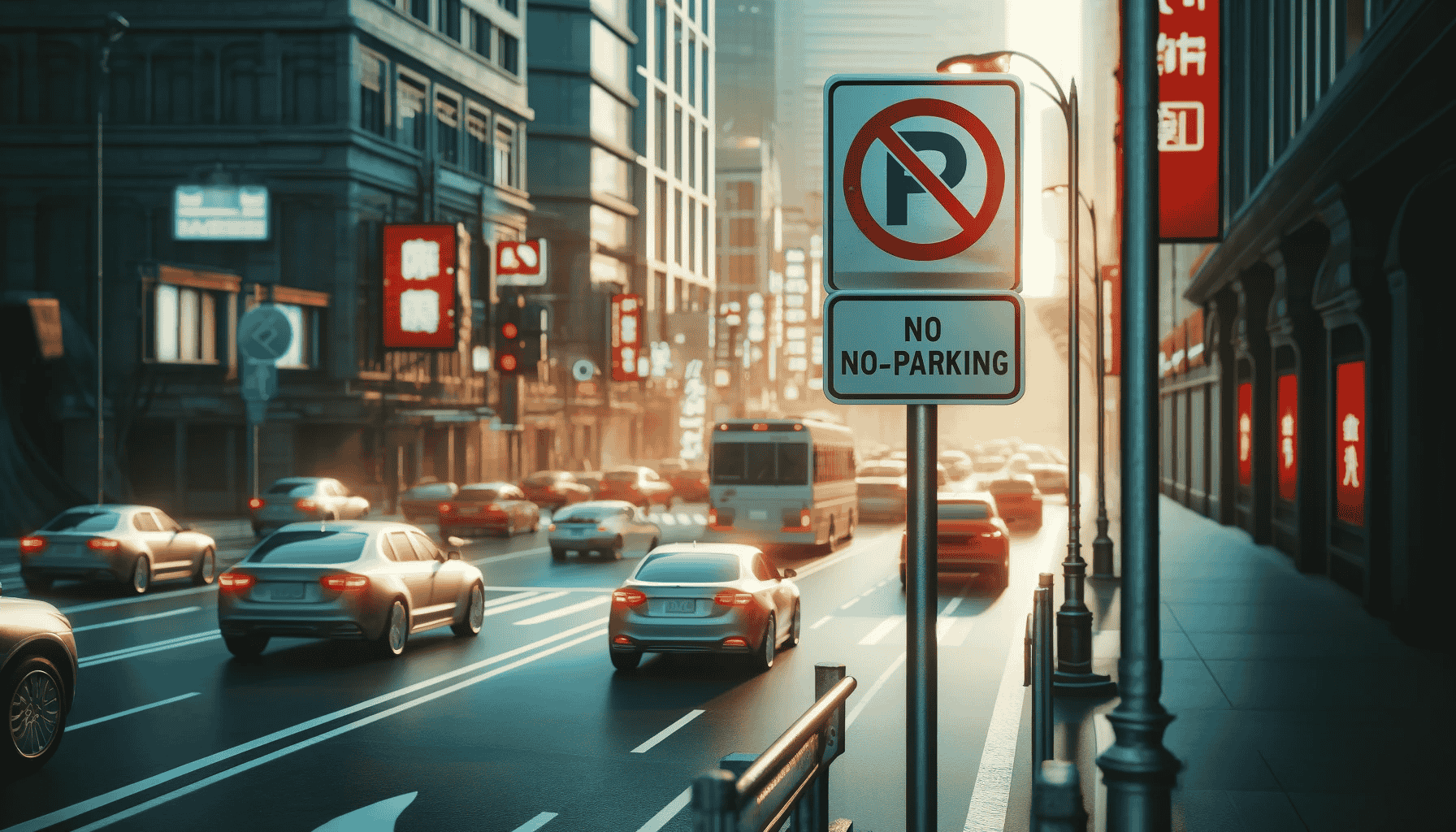 Verkehrsschilder zeigen ein Halteverbot in einer belebten Stadtstraße, um die Einhaltung der Verkehrsregeln zu illustrieren.