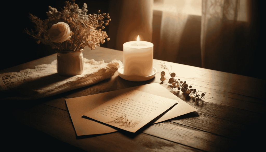 Handgeschriebene Beileidskarte auf einem Holztisch, umgeben von einer brennenden Kerze und einem kleinen Blumenstrauß, vermittelt Wärme und Trost.