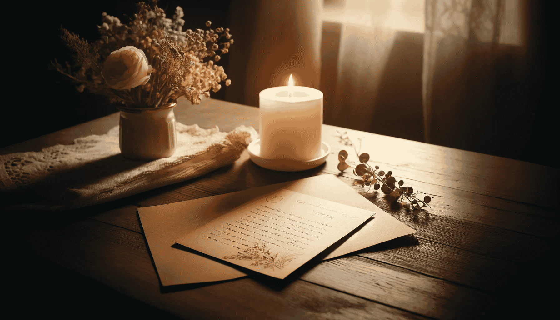 Handgeschriebene Beileidskarte auf einem Holztisch, umgeben von einer brennenden Kerze und einem kleinen Blumenstrauß, vermittelt Wärme und Trost.