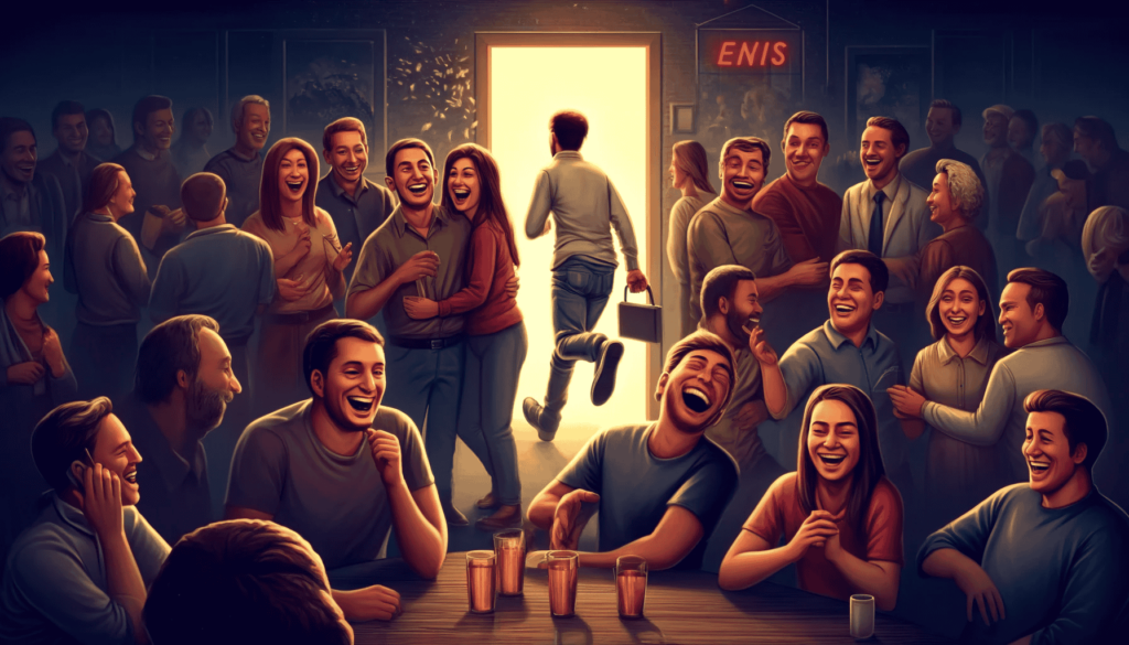 Ein Bild, das Humor und Ironie einfängt: Eine Gruppe von Menschen in einem geselligen Umfeld lacht und genießt die Gesellschaft. Als eine Person die Szene verlässt, zeigen die verbleibenden Personen Erleichterung und Freude. Die Atmosphäre betont den humorvollen und ironischen Twist der Situation.