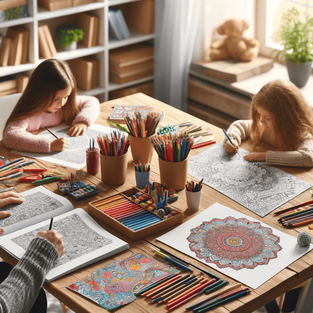 Eine gemütliche Szene, in der Kinder und Erwachsene verschiedene Ausmalvorlagen ausmalen. Der Tisch ist mit bunten Stiften, Markern und Buntstiften gefüllt. Die Ausmalvorlagen umfassen Mandalas, Tiere und saisonale Themen. Die Umgebung ist hell und freundlich, mit Bücherregalen und Pflanzen im Hintergrund, die eine warme und kreative Atmosphäre schaffen.