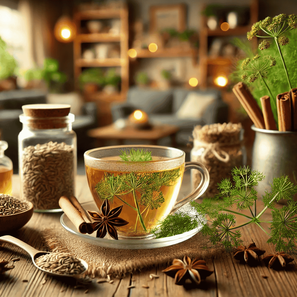 Ein Becher heißer Fenchel Anis Kümmel Tee auf einem Holztisch, umgeben von Fenchel-, Anis- und Kümmelsamen. Im Hintergrund sind frische Kräuter und ein gemütliches Wohnzimmer mit warmem Licht zu sehen.