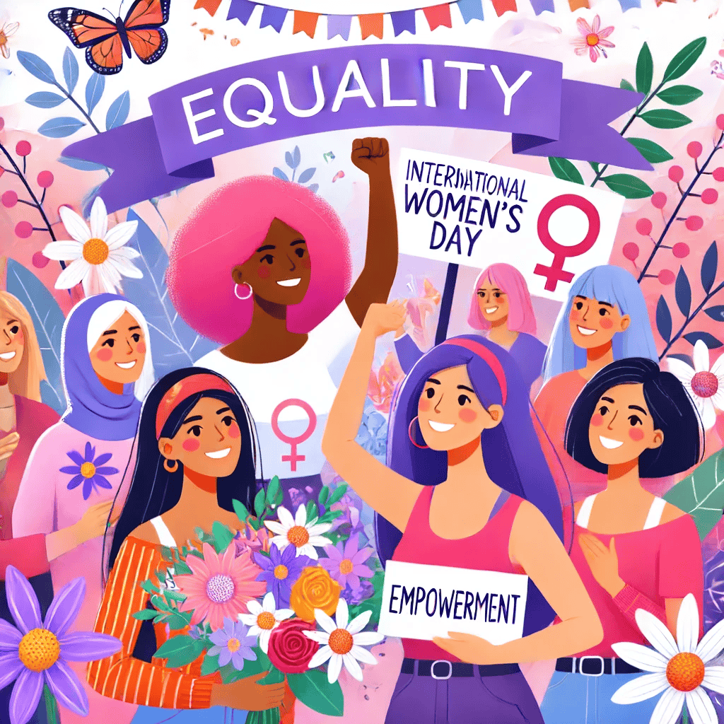 Ein lebendiges und festliches Bild zum Frauentag. Es zeigt diverse Frauen, die gemeinsam feiern und lächeln, umgeben von symbolischen Elementen wie Blumen in lila und weiß sowie Bannern mit inspirierenden Worten wie 'Gleichheit', 'Stärke' und 'Empowerment'. Ein Bild, das die Bedeutung und die Feier des Frauentags unterstreicht.