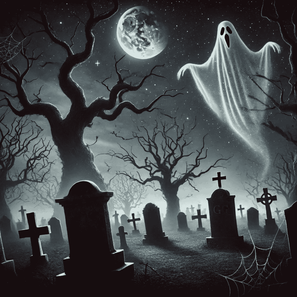 Eine gruselige Halloween-Nacht mit einem alten Friedhof, verdrehten Bäumen und einer geisterhaften Gestalt, die über den Boden schwebt.