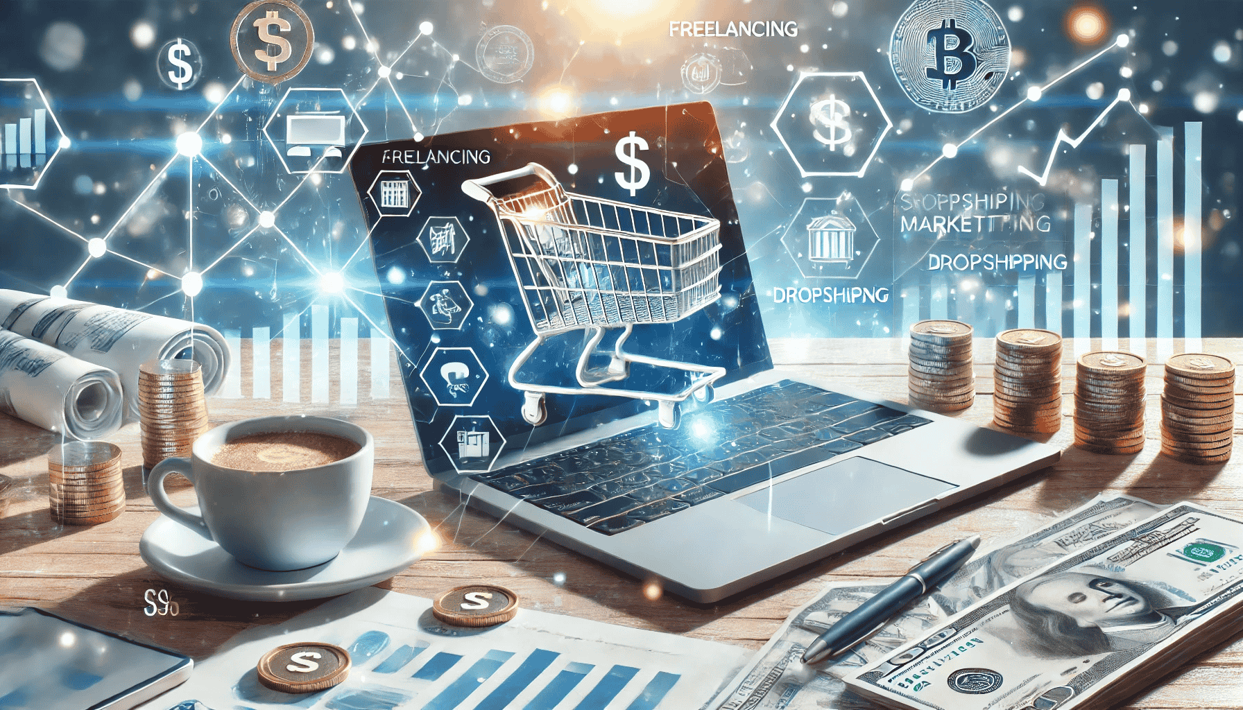 Darstellung von Online-Geldverdienstrategien mit Symbolen für Freelancing, Affiliate-Marketing und Dropshipping. Ein Laptop zeigt Finanzdiagramme, umgeben von Währungssymbolen und einem Einkaufswagen-Icon.