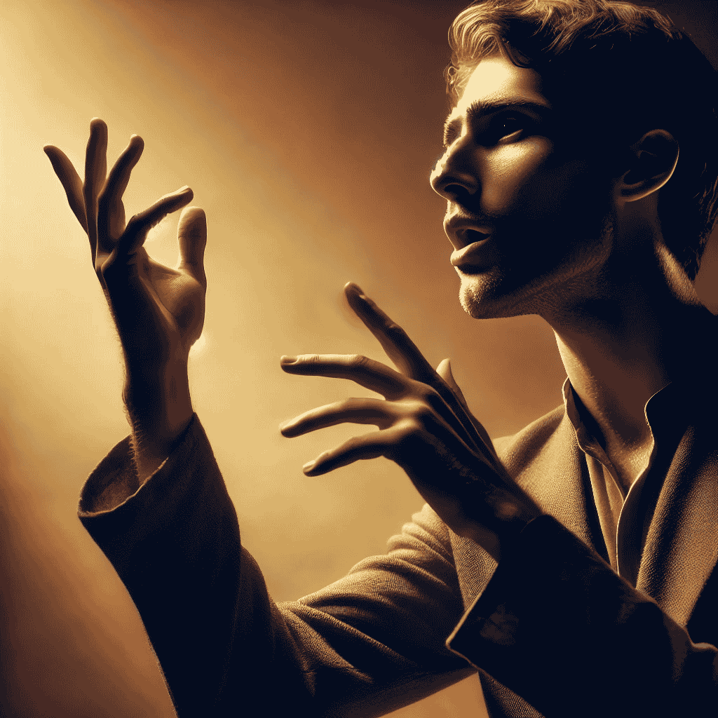 Ein Mann in ausdrucksvoller Pose, der eine Hand erhebt und mit offenem Mund spricht, als würde er ein Gedicht rezitieren. Die Szene strahlt die Leidenschaft und Intensität philosophischer Diskurse aus, mit weichem, warmem Licht, das die ausdrucksstarken Gesichtszüge des Mannes hervorhebt.