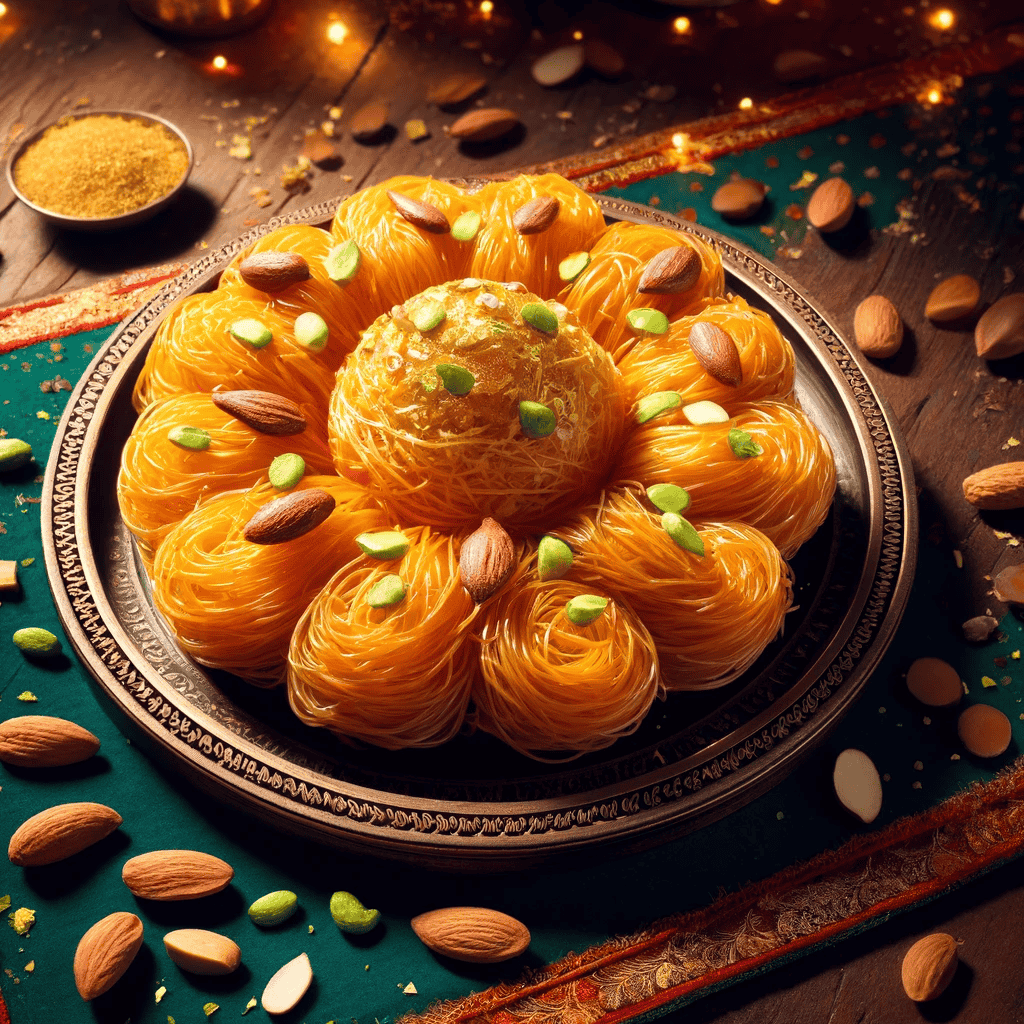 Das Bild zeigt das traditionelle indische Dessert Sutarfeni, bestehend aus dünnen, fadenartigen Strängen von gebratenem Teig, die in einer nestähnlichen Form angeordnet und in Zuckersirup getränkt sind. Das Sutarfeni ist mit gehackten Mandeln und Pistazien garniert und hat eine reich goldene Farbe. Es liegt auf einem traditionellen indischen Teller, im Hintergrund ist eine festliche Szenerie mit lebendigen Farben zu sehen, die auf eine Feier hindeuten.