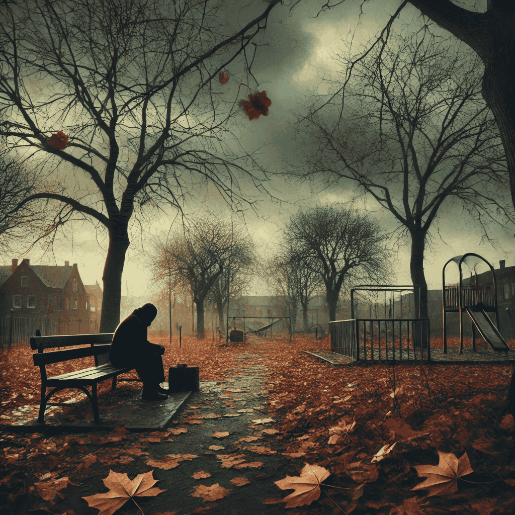 Dieses Bild zeigt eine einsame Gestalt, die auf einer Bank in einem verlassenen Park sitzt. Umgeben von kahlen Bäumen und fallenden Herbstblättern, unter einem bedeckten Himmel mit dunklen Wolken, wird eine melancholische und traurige Stimmung vermittelt. Die gebeugte Haltung der Figur spiegelt tiefe Traurigkeit und Einsamkeit wider. In der Nähe verstärkt ein verlassener Spielplatz die trostlose Atmosphäre. Gedämpfte Farben und eine allgemein gedrückte Farbpalette verstärken das Gefühl von Kummer und Einsamkeit.